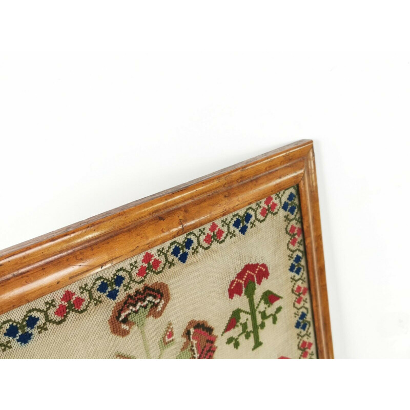 Vintage Victorian wool sampler in a maple frame