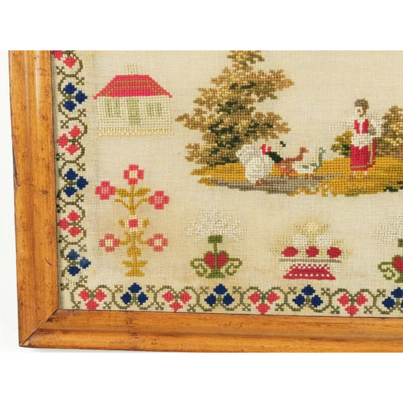 Vintage Victorian wool sampler in a maple frame
