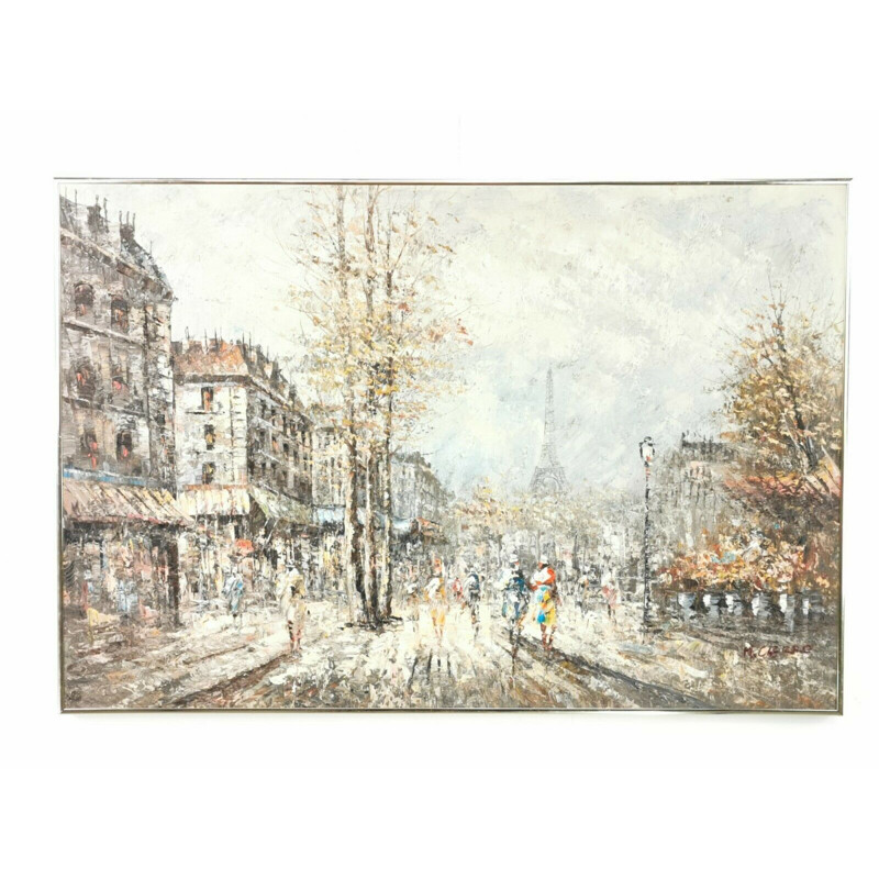 Vintage painting "Street scene of the Parisian Eiffel Tower" by M.Cierro, France 1920