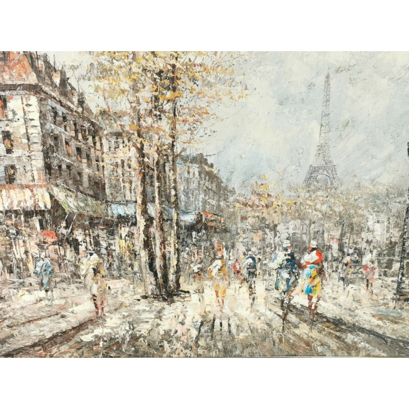 Dipinto d'epoca "Scena di strada della Torre Eiffel di Parigi" di M.Cierro, Francia 1920