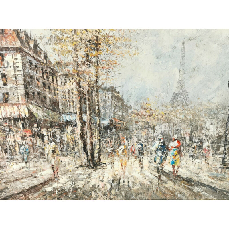 Vintage painting "Street scene of the Parisian Eiffel Tower" by M.Cierro, France 1920