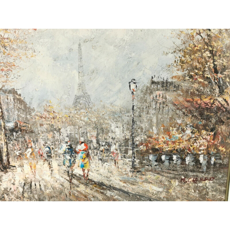 Dipinto d'epoca "Scena di strada della Torre Eiffel di Parigi" di M.Cierro, Francia 1920