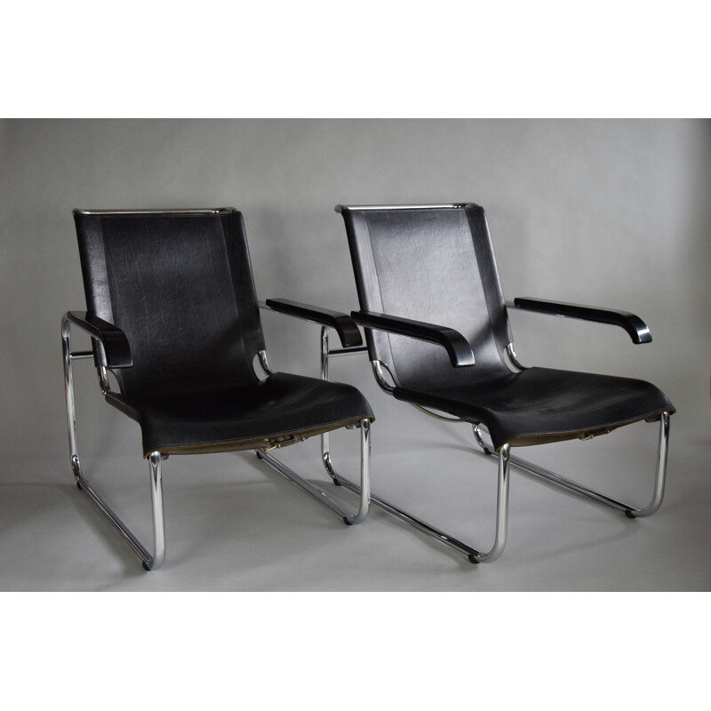 Vintage B35 zwart leer en chromen fauteuil van Marcel Breuer, 1970