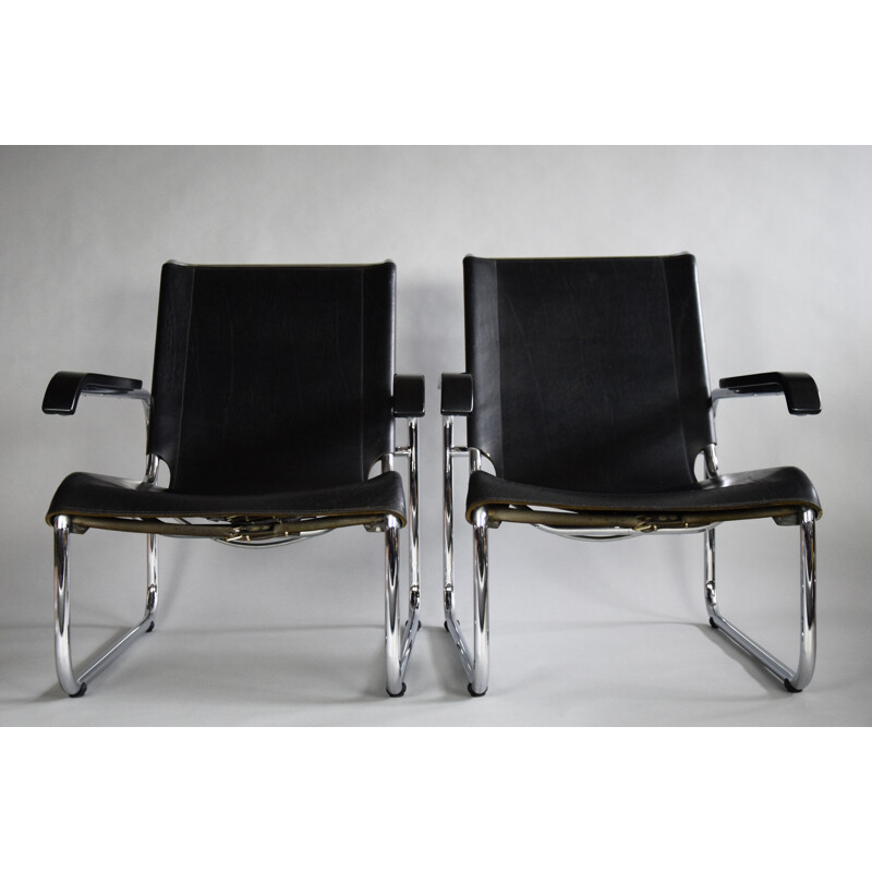 Vintage B35 black leather and chrome armchair by Marcel Breuer, 1970s