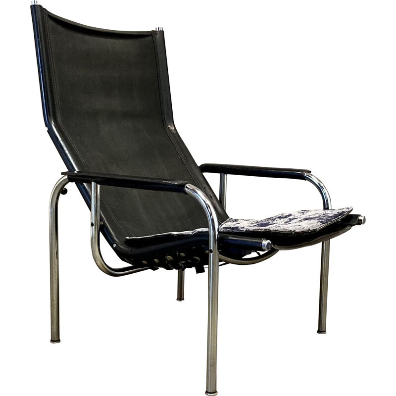 Vintage black leather reclining armchair, 1960s
