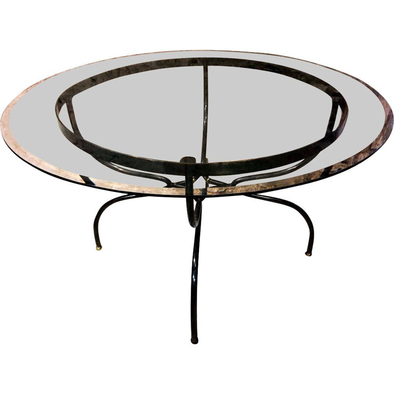 Vintage glass table with wrought iron and brass legs, 1980