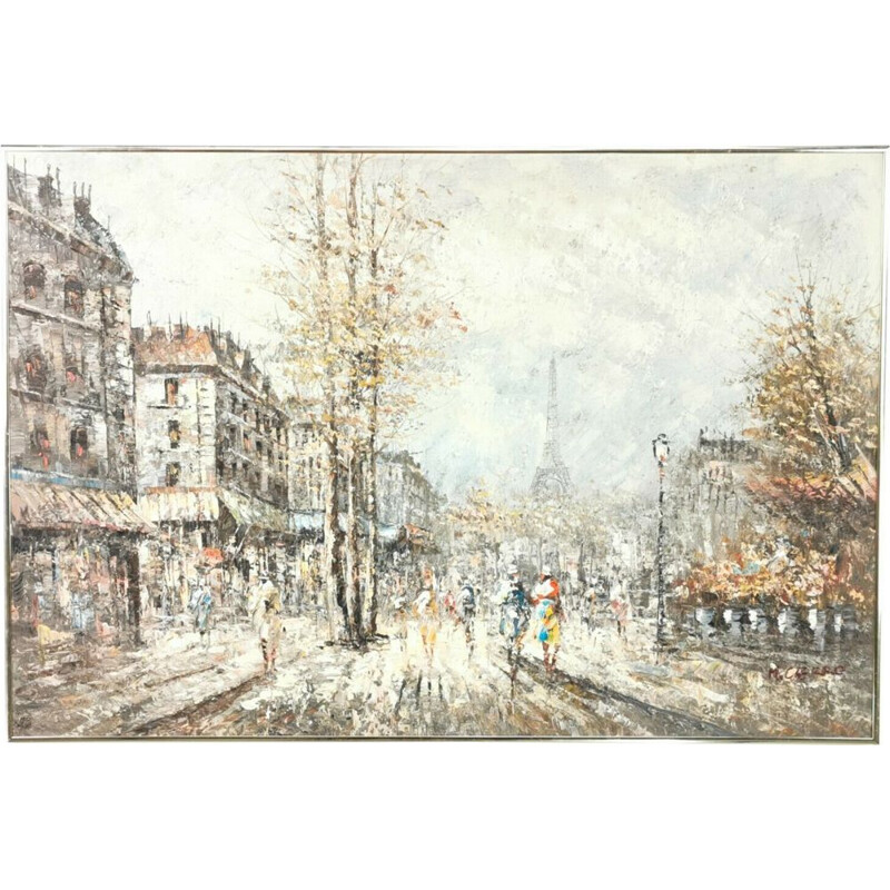 Vintage painting "Street scene of the Parisian Eiffel Tower" by M.Cierro, France 1920