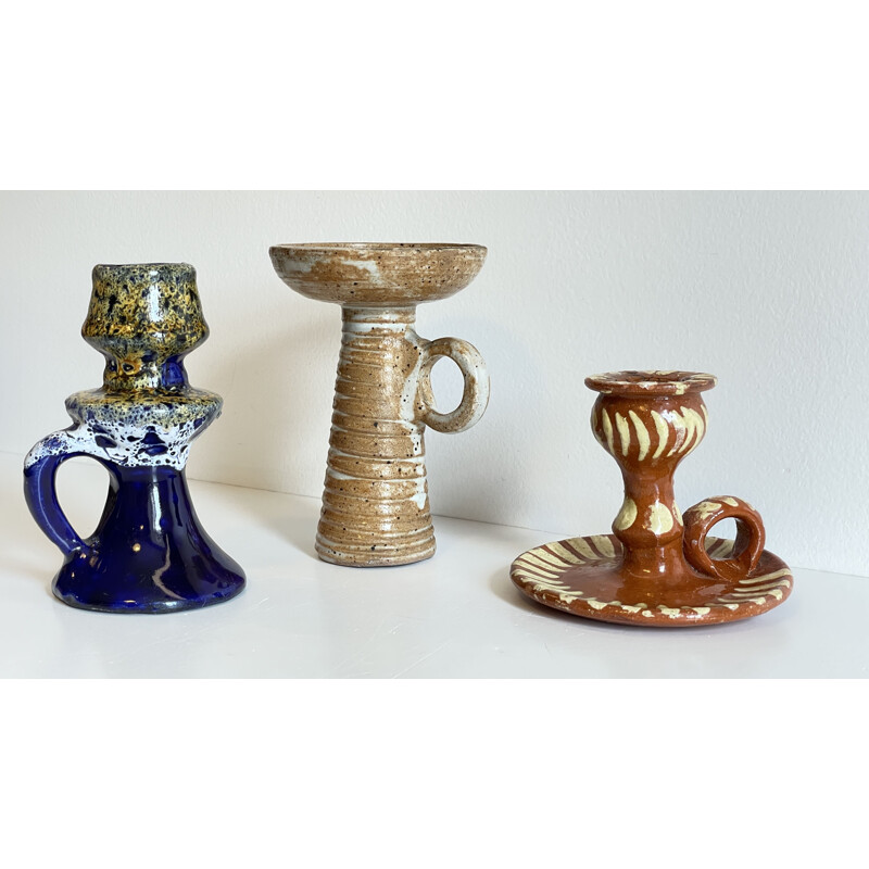 Set of 3 vintage ceramic and sandstone candlesticks