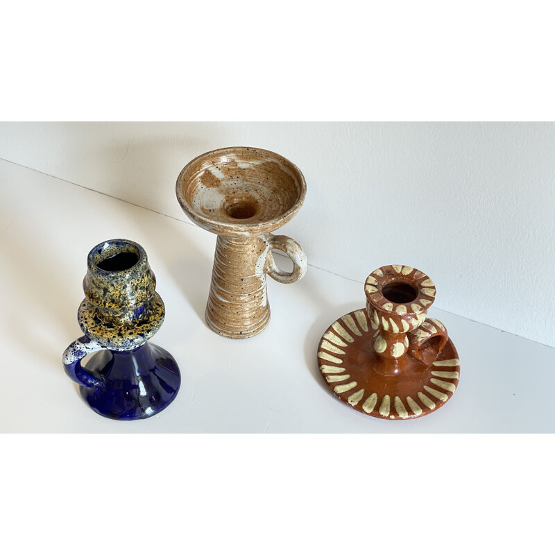 Set of 3 vintage ceramic and sandstone candlesticks