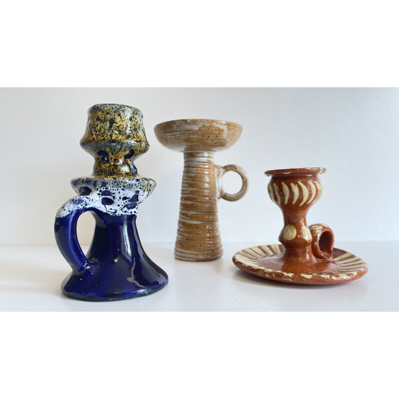 Set of 3 vintage ceramic and sandstone candlesticks