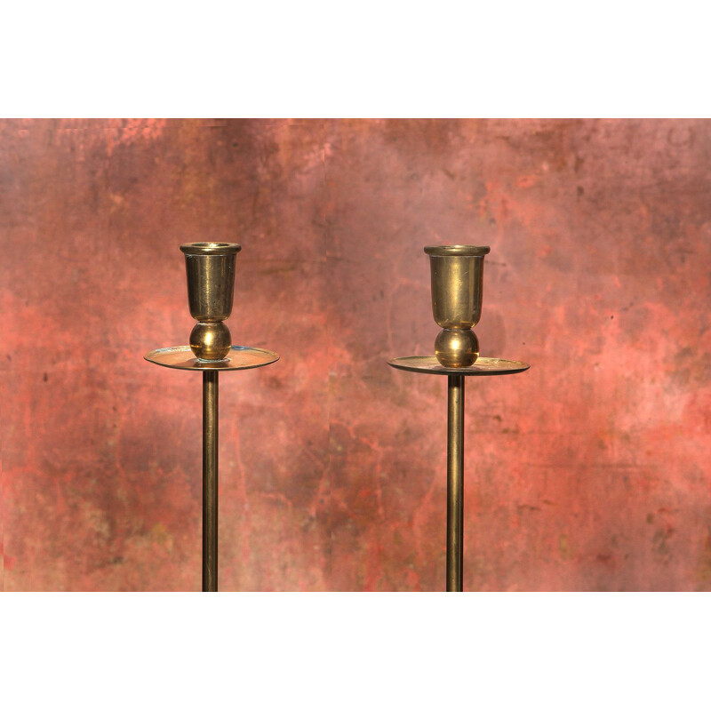 Pair of vintage hollywood regency candlesticks in brass, 1980