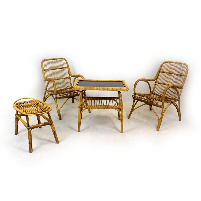 Vintage Rattan Lounge Set, Tschechoslowakei 1960