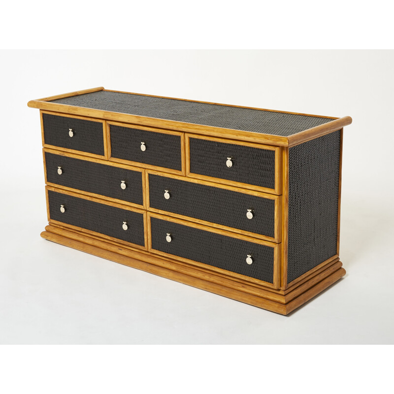 Vintage bamboo, rattan and brass chest of drawers, 1960