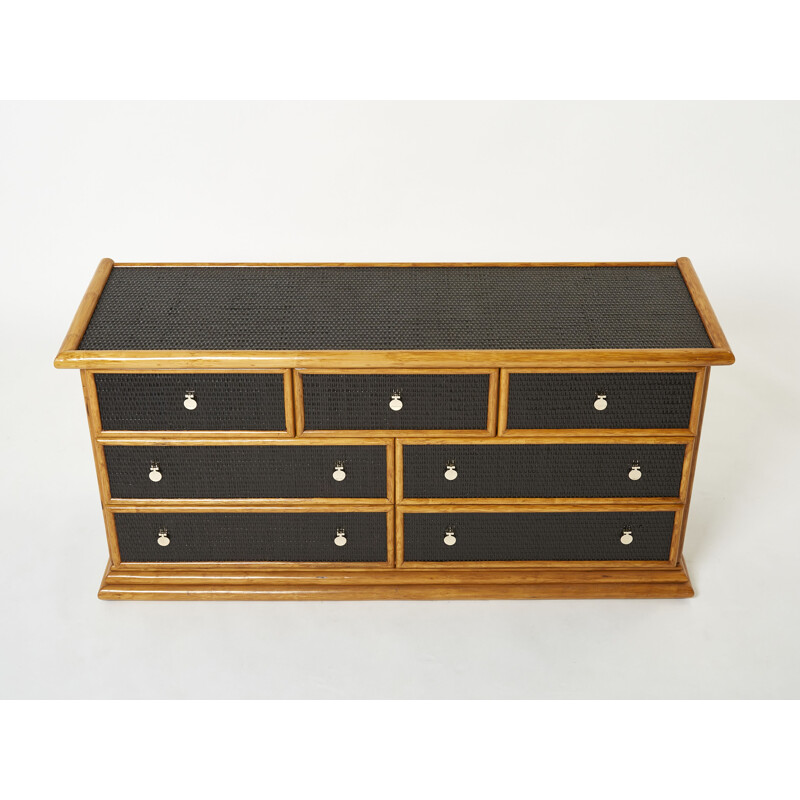 Vintage bamboo, rattan and brass chest of drawers, 1960