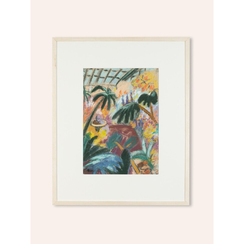 Vintage painting on paper "Botanical Garden" with ash wood frame, 1960