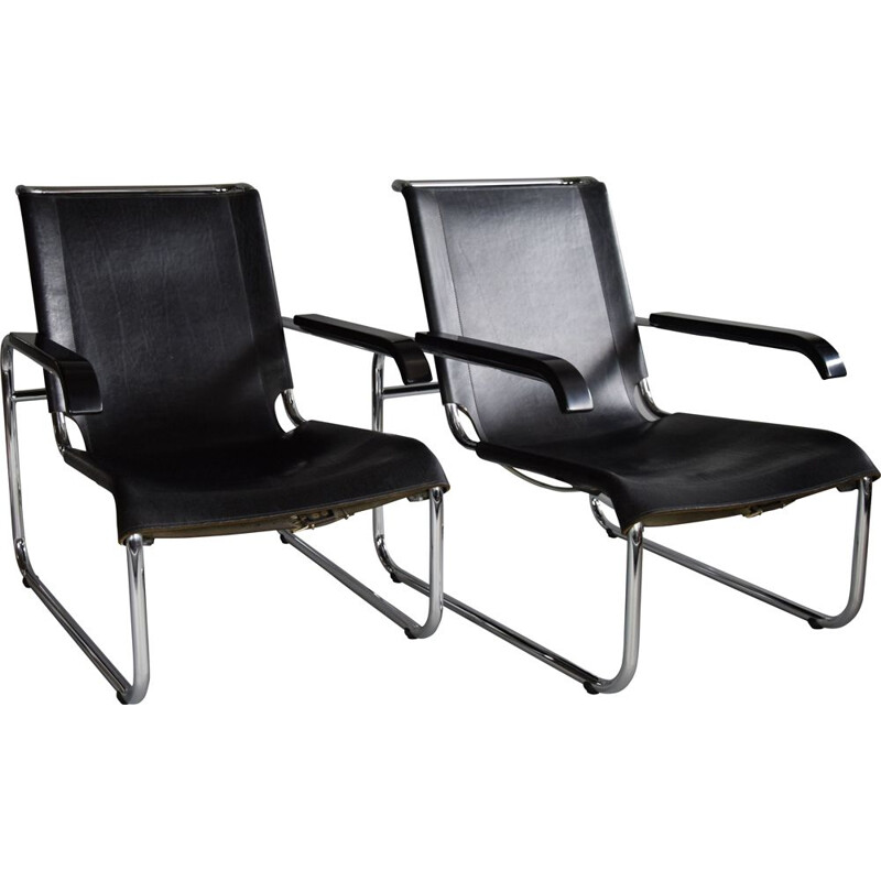 Vintage B35 zwart leer en chromen fauteuil van Marcel Breuer, 1970