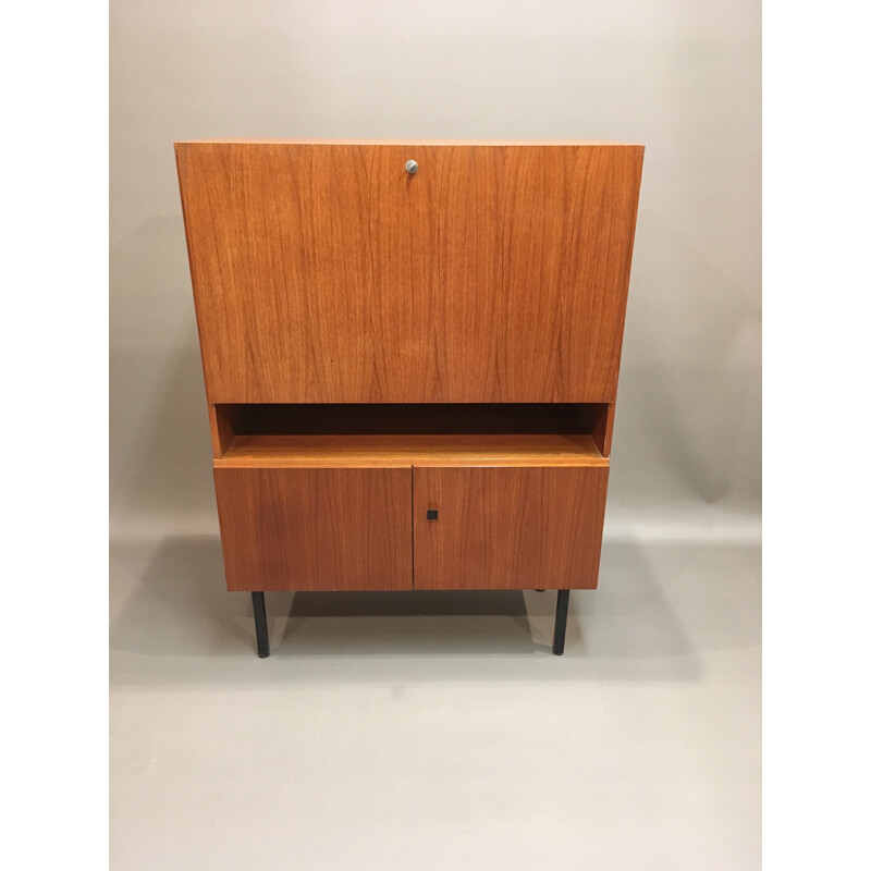 Teak wooden secretary desk with metal legs - 1950s