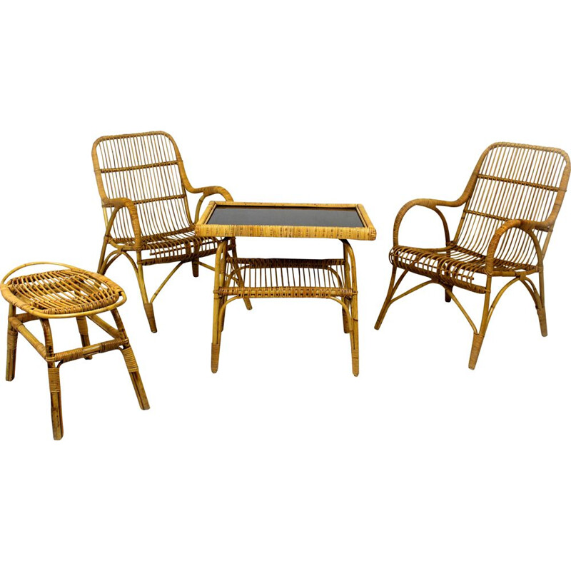 Vintage rattan living room set, Czechoslovakia 1960s