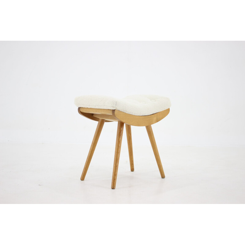 Vintage oakwood and sheepskin stool, Czechoslovakia 1960s