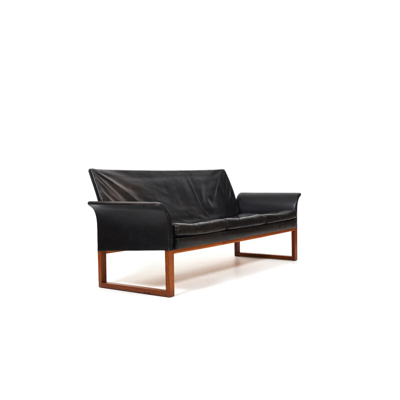 Danish vintage teak and black leather sofa, 1960