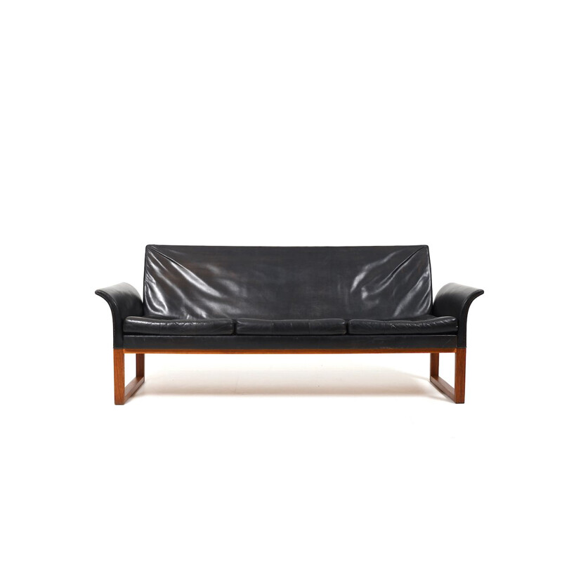 Danish vintage teak and black leather sofa, 1960