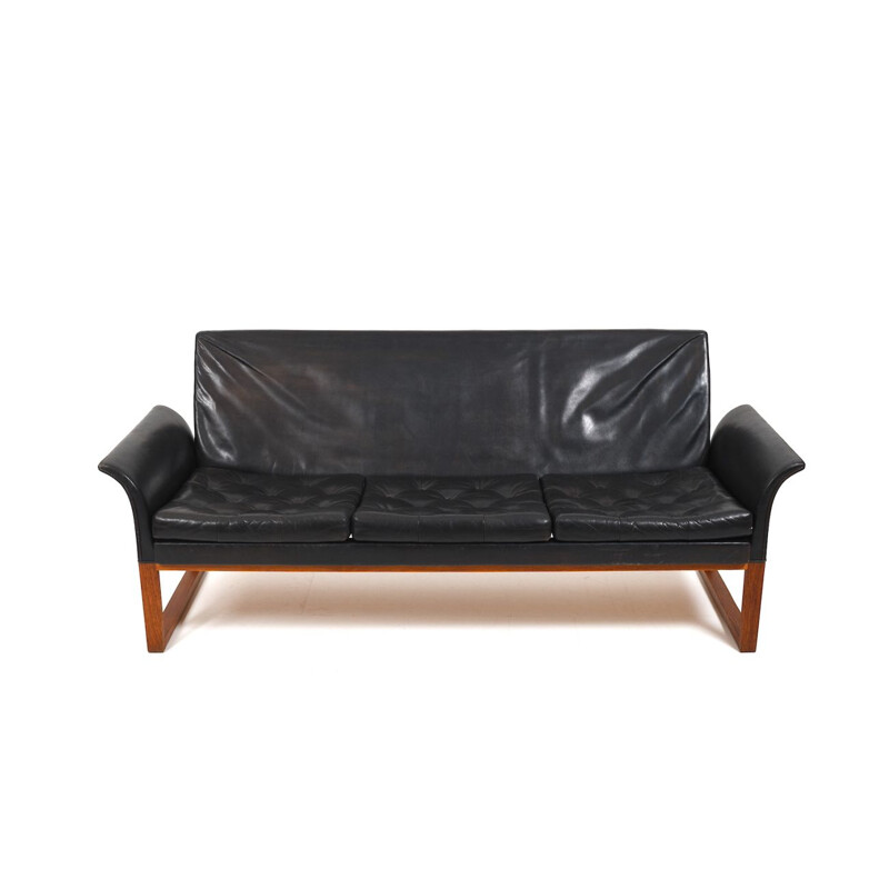 Dänisches Vintage-Sofa aus Teakholz und schwarzem Leder, 1960