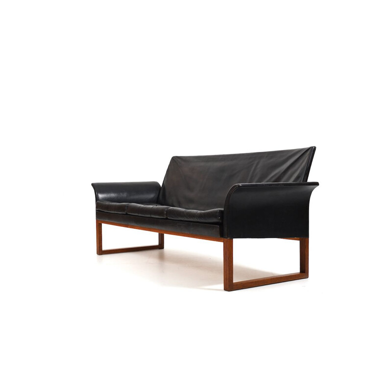 Danish vintage teak and black leather sofa, 1960