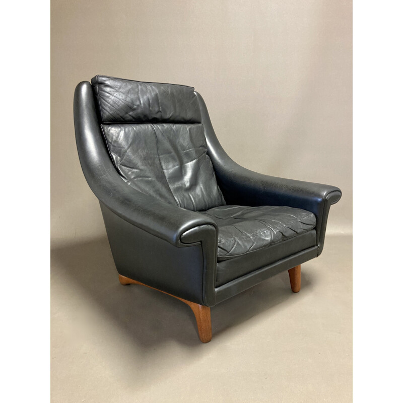 Scandinavische zwart lederen fauteuil van Aage Christiansen, 1950