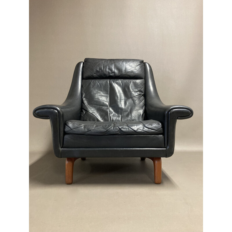 Sillón escandinavo de cuero negro de Aage Christiansen, 1950