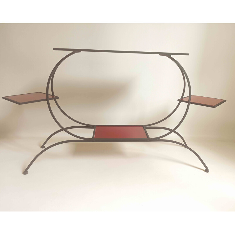Vintage wrought iron and red stained glass serving table, 1950