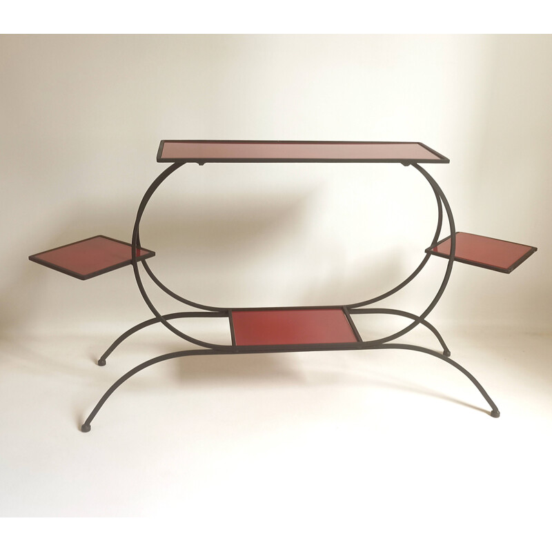 Vintage wrought iron and red stained glass serving table, 1950