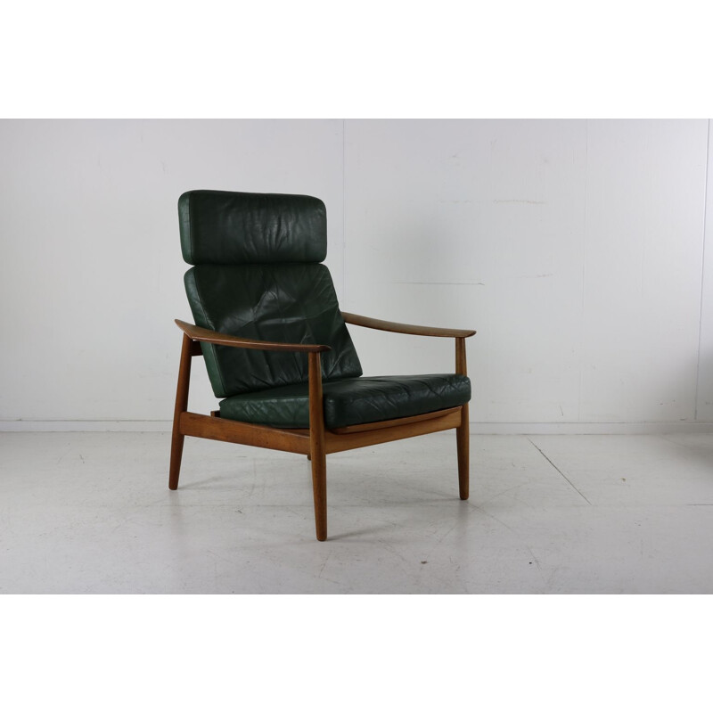 Vintage groen lederen fauteuil van Arne Vodder voor Frankrijk
