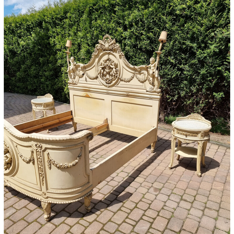 Set of vintage bed with 2 night stands, 1920s