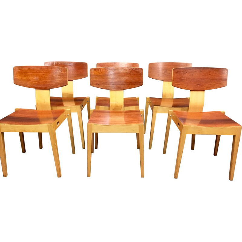 Set of 6 stackable chairs in rosewood and oak, Egon BRO - 1960s