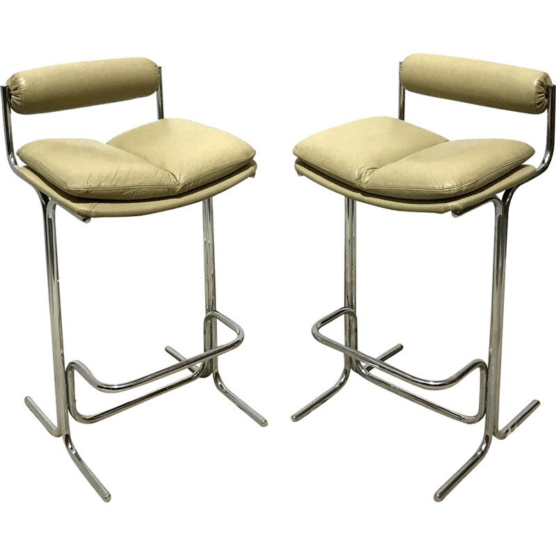 Pair of Pieff "Eleganza" bar stools in leather and chromed metal - 1970s