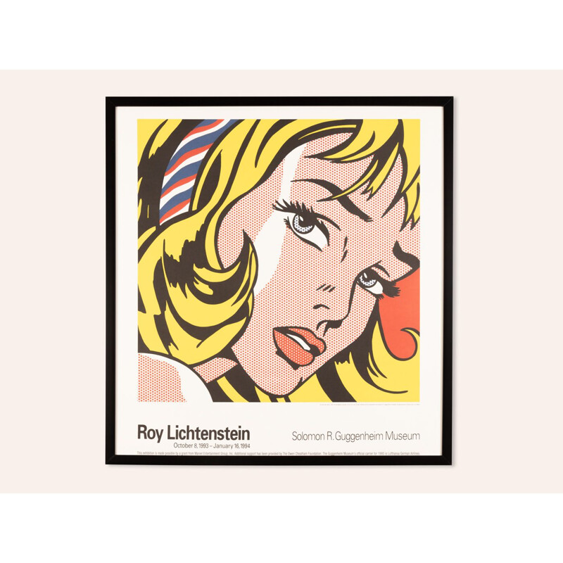 Affiche vintage "Girl with Hair Ribbon" avec cadre en bois par Roy Lichtenstein, 1993