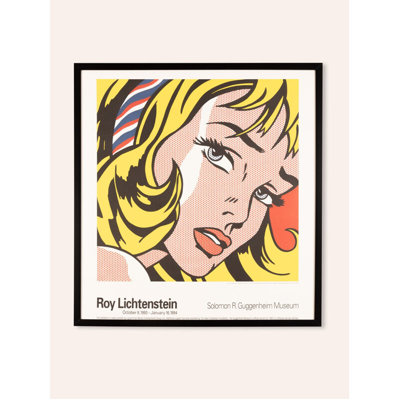 Affiche vintage "Girl with Hair Ribbon" avec cadre en bois par Roy Lichtenstein, 1993