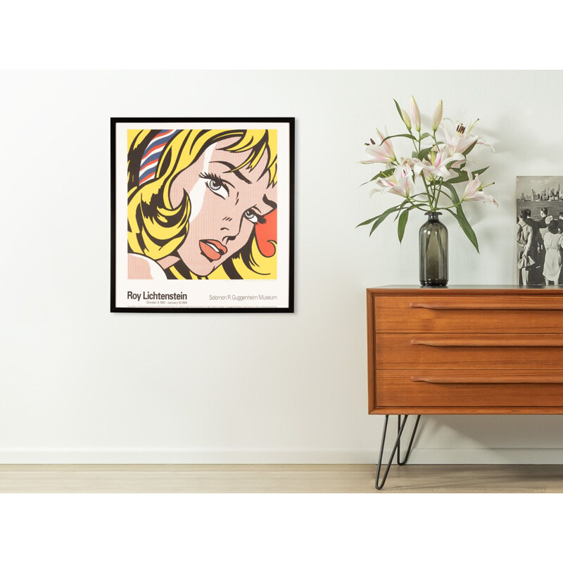 Vintage poster "Girl with Hair Ribbon" with wooden frame by Roy Lichtenstein, 1993