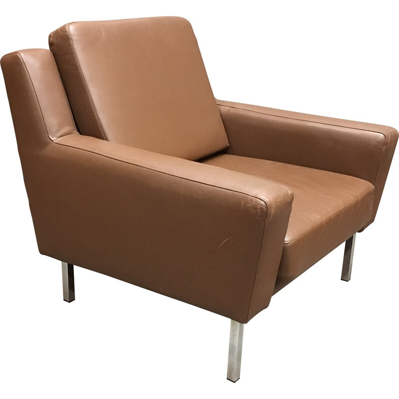 Mid century armchair in leather and chromed metal - 1960