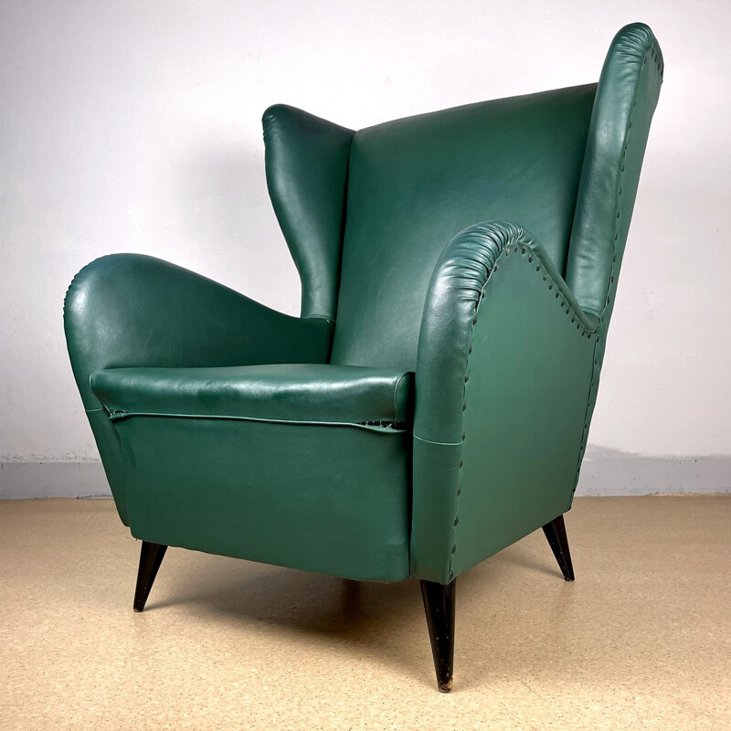 Vintage armchair in green leather by Paolo Buffa, Italy 1950s