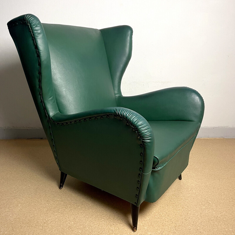 Fauteuil vintage en cuir vert par Paolo Buffa, Italie 1950