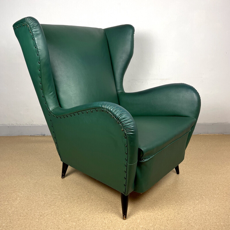 Groen lederen fauteuil van Paolo Buffa, Italië 1950