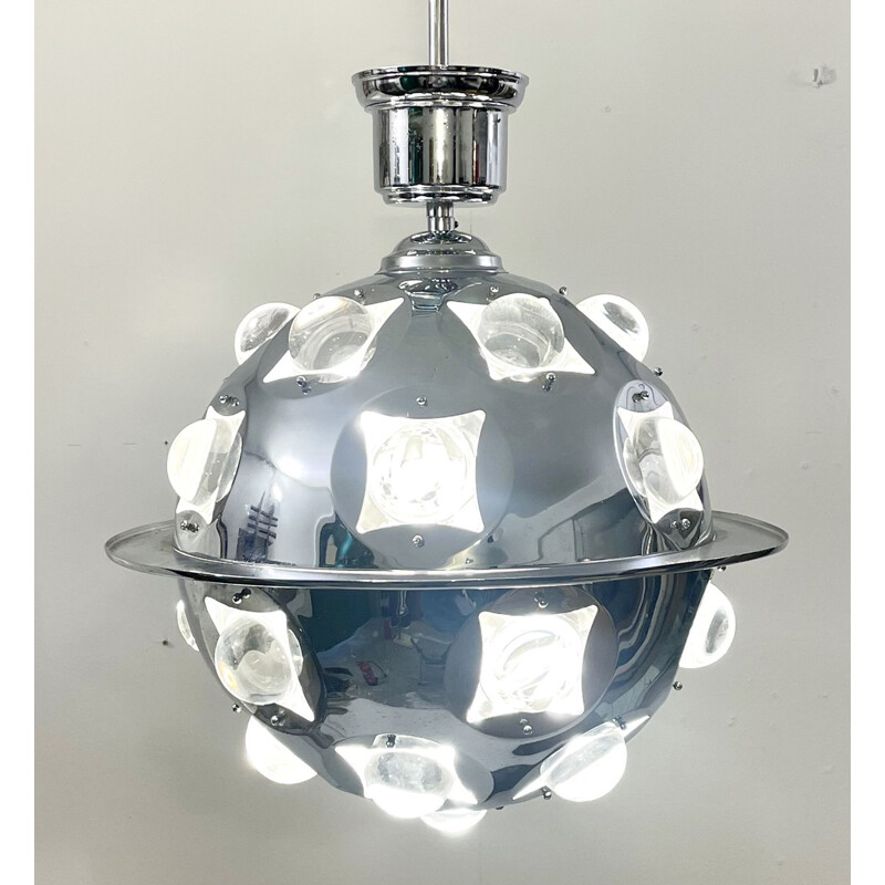 Lámpara de suspensión vintage en cromo y cristal de Oscar Torlasco, Italia 1970