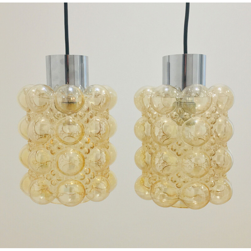 Pair of vintage amber bubble glass pendant lamps by Helena Tynell for Limburg, Germany 1960s