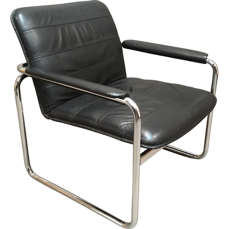 Mid century armchair in chormed metal and leather - 1960s