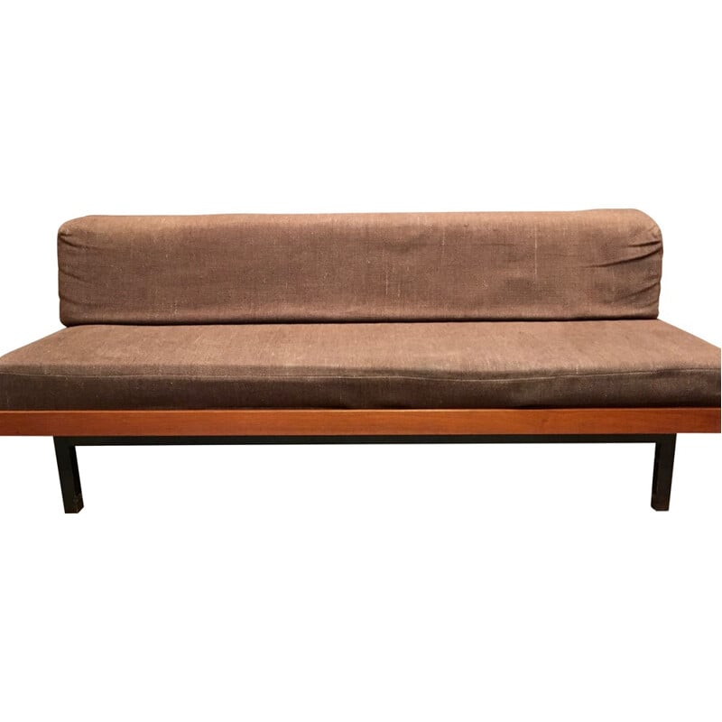 Mid-century daybed in teak and brown fabric - 1950s