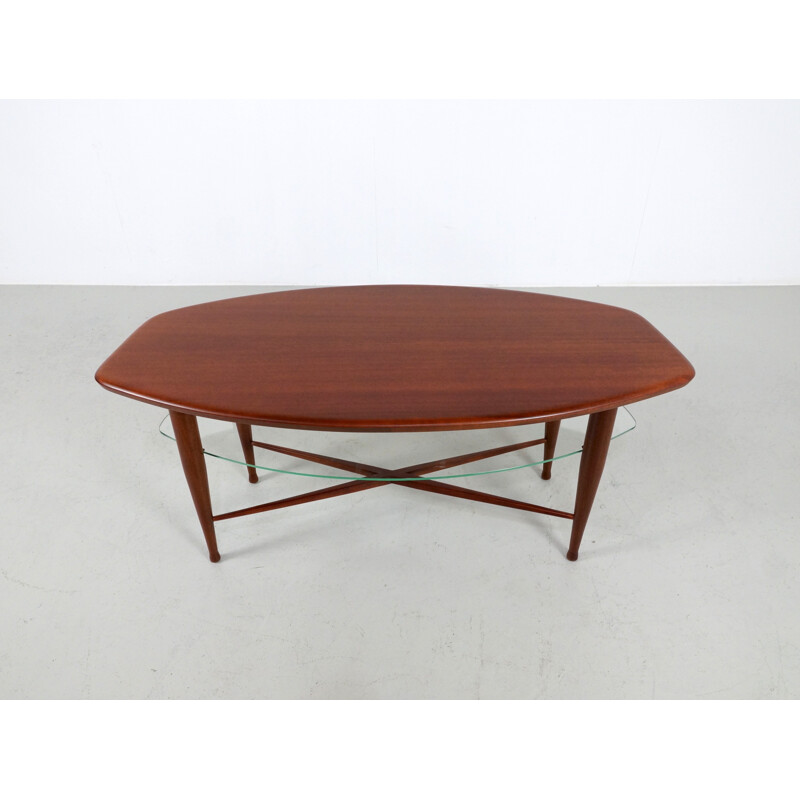 Table basse vintage en teck et verre - 1960