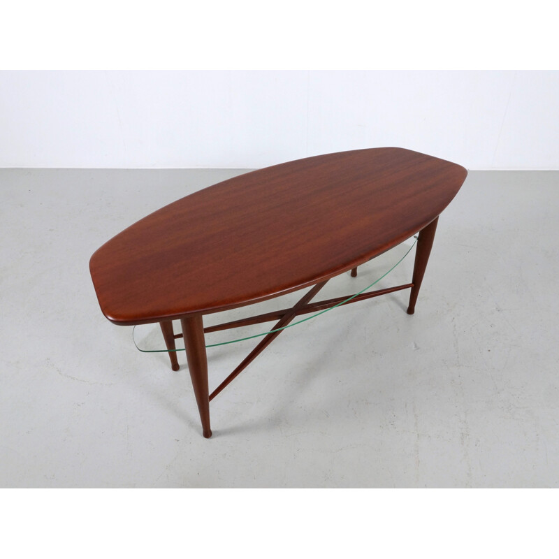 Table basse vintage en teck et verre - 1960