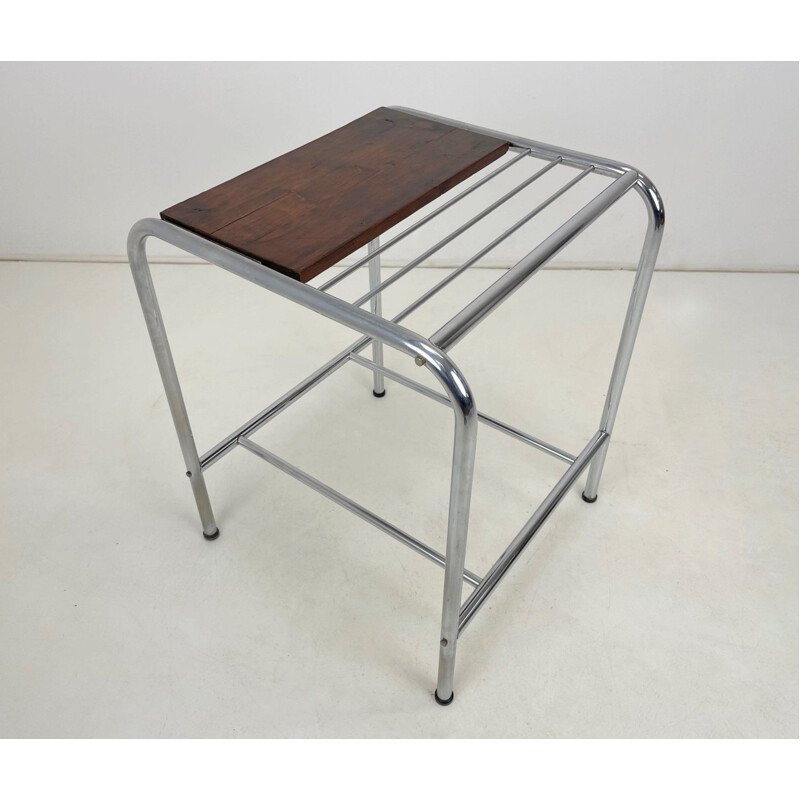 Functionalist vintage chrome & wood side table, 1950s