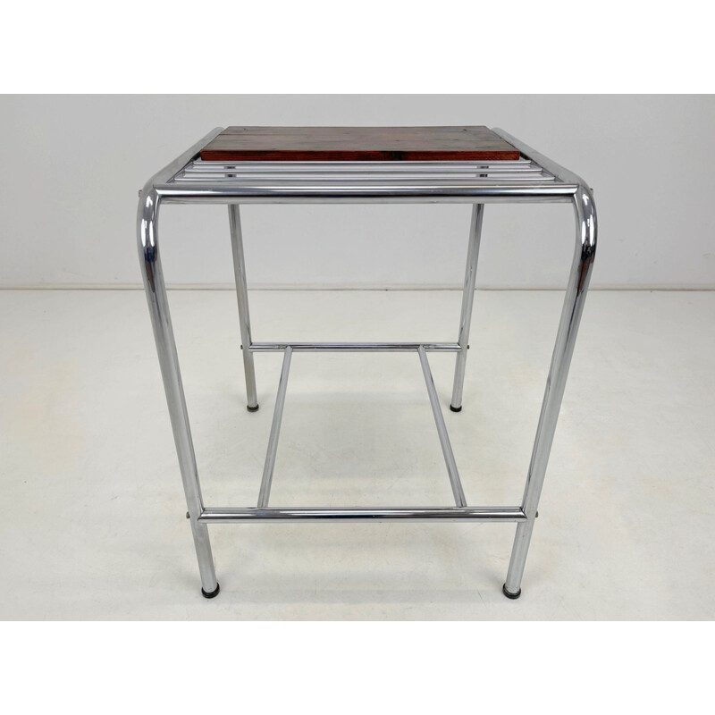 Functionalist vintage chrome & wood side table, 1950s